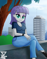Size: 2000x2500 | Tagged: safe, artist:theretroart88, maud pie, equestria girls, g4, breasts, busty maud pie, city, cityscape, cleavage, clothes, crossed legs, cute, female, high res, jeans, maudabetes, pants, skyscraper, smiling, solo, tree, waifu material, when she smiles