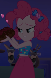 Size: 691x1054 | Tagged: safe, screencap, pinkie pie, equestria girls, equestria girls specials, g4, my little pony equestria girls: better together, my little pony equestria girls: spring breakdown, bow, cake, choker, clothes, cropped, cruise, cruise outfit, cruise ship, curly hair, cute, dark, dark background, dessert, diapinkes, dress, female, food, geode of sugar bombs, hair bow, heart, holding, jewelry, lidded eyes, magical geodes, midriff, skirt, sleeveless, sleeveless dress, smiling, spring break, table, yacht