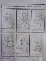 Size: 2448x3264 | Tagged: safe, artist:supahdonarudo, gabby, ocellus, sunset shimmer, changeling, griffon, pony, unicorn, g4, bag that was swell, barney bunch, crossover, dalek, doctor who, drawing, drew pickles, high res, monochrome, optimus prime, rugrats, six fanarts, traditional art, transformers