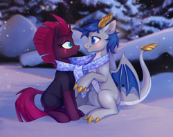 Size: 1732x1374 | Tagged: safe, artist:ls_skylight, fizzlepop berrytwist, tempest shadow, oc, dragon, pony, unicorn, rcf community, g4, blushing, canon x oc, clothes, commission, dragon oc, female, male, pale belly, scarf, shared clothing, shared scarf, shipping, snow, snowfall, straight, together, winter, ych result