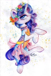 Size: 1024x1530 | Tagged: safe, artist:lailyren, rarity, pony, unicorn, g4, clothes, dress, female, floral head wreath, flower, mare, signature, solo, speedpaint available, traditional art