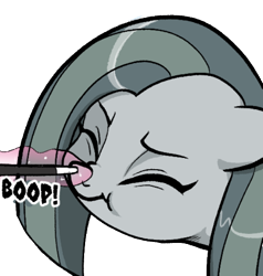 Size: 560x589 | Tagged: safe, artist:pencils, marble pie, earth pony, pony, comic:marble mare manquee, g4, boop, cute, eyes closed, female, implied trixie, levitation, magic, magic wand, marblebetes, mare, non-consensual booping, offscreen character, scrunchy face, simple background, solo, telekinesis, transparent background