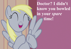 Size: 1568x1080 | Tagged: safe, edit, edited screencap, editor:korora, screencap, derpy hooves, g4, slice of life (episode), bowling alley, cropped, cute, derpabetes, implied doctor whooves, pun, speech, talking