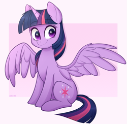 Size: 2045x2000 | Tagged: safe, artist:higgly-chan, twilight sparkle, alicorn, pony, cute, cutie mark, female, high res, mare, simple background, sitting, smiling, solo, spread wings, twiabetes, twilight sparkle (alicorn), white background, wings