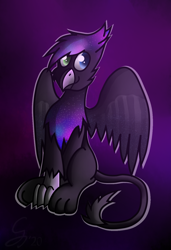 Size: 1028x1500 | Tagged: safe, artist:somber, oc, oc only, oc:galaxy, griffon, colored, cute, ethereal mane, galaxy colors, galaxy mane, griffon oc, male, shadow, solo