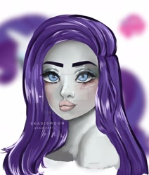 Size: 1280x1511 | Tagged: safe, artist:skadismoon, rarity, human, g4, bust, deviantart watermark, female, humanized, obtrusive watermark, pony background, pony coloring, portrait, signature, smiling, solo, watermark
