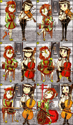 Size: 1162x1989 | Tagged: safe, artist:meiyeezhu, autumn blaze, octavia melody, human, kirin, anthro, g4, anime, big breasts, bow (instrument), bowtie, breasts, busty autumn blaze, busty octavia melody, cello, chair, clothes, comic, competition, dadihu, dahu, double bass, dress, erhu, fiddle, horn, horned humanization, humanized, laughing, music notes, musical instrument, musician, old master q, pants, parody, playing instrument, reference, robes, shocked, sitting, street, surprised, tailed humanization, viola