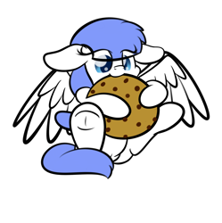 Size: 2160x2170 | Tagged: dead source, safe, artist:php142, part of a set, oc, oc only, oc:snow pup, pegasus, pony, chocolate chip cookie, commission, cookie, female, food, giant cookie, high res, nom, simple background, solo, transparent background, underhoof, ych result