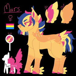 Size: 1000x1000 | Tagged: safe, artist:lepiswerid, oc, oc only, oc:mars (lepiswerid), bat pony, pegasus, pony, black background, colored hooves, colored wings, cutie mark, fangs, feathered fetlocks, female, height difference, lineless, marsverse, offspring, pansexual, pansexual pride flag, parent:flash sentry, parent:twilight sparkle, parents:flashlight, pride, pride flag, reference sheet, simple background, solo, sparkles, story included, tail feathers, uninterested, winged hooves, wings