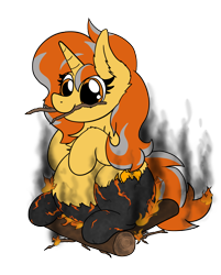 Size: 2521x3128 | Tagged: safe, artist:aaatheballoon, oc, oc only, oc:cinderheart, elemental, pony, unicorn, campfire, chubby, comfy, demi-god, ear fluff, embers, fat, female, fire, high res, inflation, mare, mouth hold, simple background, sitting, smiling, smoke, stick, transparent background