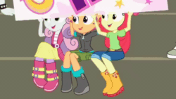 Size: 1200x676 | Tagged: safe, screencap, apple bloom, scootaloo, sweetie belle, equestria girls, g4, my little pony equestria girls: better together, sock it to me, sock it to me: bulk biceps, 2010s, 2019, adorabloom, animated, apple bloom's bow, boots, bow, cheering, clothes, cute, cutealoo, cutie mark crusaders, diasweetes, female, gif, hair bow, hoodie, jacket, jeans, pants, perfect loop, shirt, shoes, shorts, sitting, skirt, smiling, trio, trio female