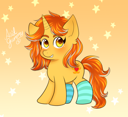 Size: 2500x2300 | Tagged: safe, artist:acidgummy, oc, oc only, oc:cinderheart, pony, unicorn, blushing, clothes, commission, ear fluff, female, high res, looking at you, mare, short, simple background, socks, solo, striped socks, ych result