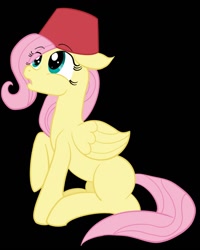 Size: 1024x1280 | Tagged: safe, artist:sixes&sevens, fluttershy, pegasus, pony, g4, black background, blank flank, digital art, female, fez, filly, filly fluttershy, hat, mare, simple background, solo, wings, younger