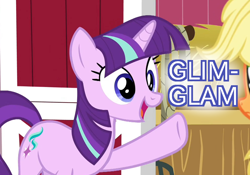 Size: 1000x700 | Tagged: safe, edit, edited screencap, screencap, applejack, starlight glimmer, g4, harvesting memories, my little pony: friendship is forever, alternate hairstyle, cropped, glimglam, mane swap, solo focus, starlight sparkle, text