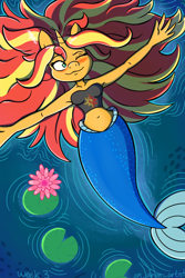 Size: 1000x1500 | Tagged: safe, artist:an_anon_artist, sunset shimmer, mermaid, unicorn, anthro, g4, armpits, belly button, blushing, clothes, cutie mark, cutie mark on clothes, female, lilypad, mermaidized, not fiery shimmer, one eye closed, pond, relaxing, shirt, solo, species swap
