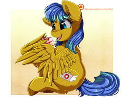 Size: 2969x2386 | Tagged: safe, artist:pridark, oc, oc only, pegasus, pony, cake, commission, cute, cutie mark, dessert, food, high res, open mouth, sitting, solo, tongue out, wing hands, wings