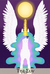 Size: 455x675 | Tagged: safe, artist:d3pressedr4inbow, princess celestia, alicorn, pony, g4, female, glowing horn, hair over one eye, horn, mare, solo, spread wings, sun, wings