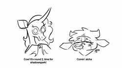 Size: 3318x1867 | Tagged: safe, artist:kyssimmee, arizona (tfh), oleander (tfh), cow, pony, unicorn, them's fightin' herds, community related, dialogue, dick flattening, monochrome