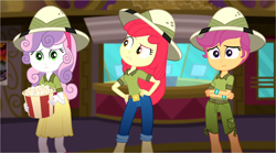 Size: 2648x1475 | Tagged: safe, screencap, apple bloom, scootaloo, sweetie belle, equestria girls, g4, my little pony equestria girls: summertime shorts, the canterlot movie club, belt, boots, clothes, crossed arms, cutie mark crusaders, female, food, hand on hip, hat, jeans, looking at someone, looking at something, pants, popcorn, sad, shoes, shorts, skirt, theater