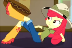 Size: 1514x1019 | Tagged: safe, screencap, apple bloom, equestria girls, g4, my little pony equestria girls: summertime shorts, the canterlot movie club, angry, boots, clothes, cropped, female, food, hat, hot dog, jeans, meat, pants, rolling, sausage, shirt, shoes, solo