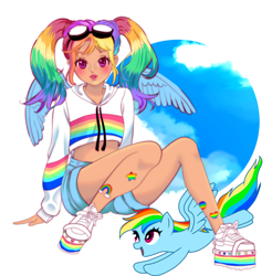 Size: 828x840 | Tagged: safe, artist:meloncandies, rainbow dash, human, pony, g4, blushing, clothes, colored pupils, flying, goggles, human ponidox, humanized, looking at you, self ponidox, sitting, winged humanization, wings