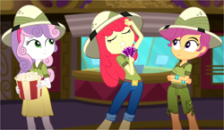 Size: 2648x1544 | Tagged: safe, screencap, apple bloom, scootaloo, sweetie belle, eqg summertime shorts, equestria girls, g4, the canterlot movie club, boots, clothes, crossed arms, cutie mark crusaders, dramatic, eyes closed, female, food, hand on head, hat, jeans, looking at someone, pants, popcorn, shirt, shoes, shorts, skirt, theater, ticket