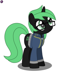 Size: 1080x1280 | Tagged: safe, artist:terminalhash, oc, oc only, oc:terminalhash, pony, unicorn, fallout equestria, fallout equestria: jazz of love, clothes, glasses, inkscape, jumpsuit, simple background, solo, transparent background, vault suit, vector