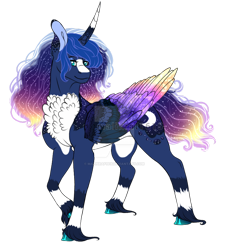 Size: 800x872 | Tagged: safe, artist:malinraf1615, princess luna, pony, g4, alternate design, colored wings, deviantart watermark, female, multicolored wings, obtrusive watermark, simple background, solo, transparent background, watermark, wings
