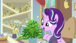 Size: 1920x1080 | Tagged: safe, screencap, phyllis, starlight glimmer, pony, unicorn, a horse shoe-in, g4, cute, female, glimmerbetes, inkwell, mare, philodendron, potted plant, quill, scroll, solo, starlight's office