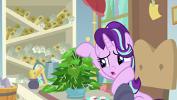Size: 1920x1080 | Tagged: safe, screencap, phyllis, starlight glimmer, pony, unicorn, a horse shoe-in, g4, female, inkwell, mare, philodendron, potted plant, quill, scroll, solo, starlight's office