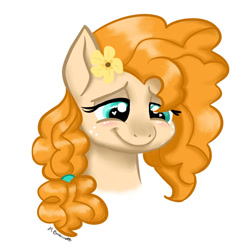 Size: 1024x1024 | Tagged: safe, artist:caulfieldsprice, pear butter, earth pony, pony, g4, the perfect pear, blushing, buttercup, female, flower, flower in hair, freckles, heart, heart eyes, mare, smiling, solo, wingding eyes