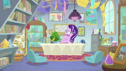 Size: 1920x1080 | Tagged: safe, screencap, phyllis, starlight glimmer, pony, unicorn, a horse shoe-in, g4, book, bookshelf, box kite, faic, female, inkwell, kite, mare, office, philodendron, potted plant, quill, scroll, solo, starlight's office, wavy mouth