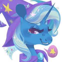 Size: 1280x1280 | Tagged: safe, artist:alabasterpeony, trixie, pony, unicorn, g4, female, lidded eyes, looking at you, pictogram, simple background, smiling, solo, speech bubble, starry eyes, transparent background, wingding eyes