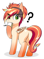 Size: 1500x2000 | Tagged: safe, artist:rice, oc, oc only, oc:tomyum, pegasus, pony, butt, cute, eating, headphones, nom, plot, question mark, simple background, thailand, transparent background