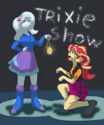 Size: 1280x1529 | Tagged: safe, artist:stasynosok, sunset shimmer, trixie, equestria girls, g4, behaving like a dog, femsub, hand on hip, hoof hands, hypnosis, hypnotized, kneeling, panting, pendulum swing, pocket watch, signature, submissive, subset, swirly eyes, tongue out, trixdom