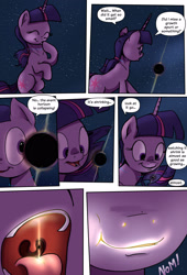 Size: 1920x2816 | Tagged: safe, artist:shieltar, part of a set, twilight sparkle, pony, unicorn, comic:giant twilight, g4, black hole, comic, cosmic vore, cute, dialogue, endosoma, esophagus, female, giant pony, giant twilight sparkle, giantess, horn, implied vore, jewelry, macro, mare, mawshot, necklace, nom, non-fatal vore, open mouth, oral invitation, part of a series, pony bigger than a planet, pony bigger than a solar system, pony bigger than a star, size difference, slimy, solo, space, stars, taste buds, tongue out, twiabetes, twipred, unicorn twilight, uvula, vore