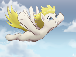 Size: 1600x1200 | Tagged: safe, artist:digiral, surprise (g4), pony, g4, alternate eye color, cloud, falling, female, freefall, mare, outdoors, sky, smiling, solo, spread wings, tail, wings