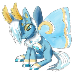 Size: 1393x1353 | Tagged: safe, artist:buttercupsaiyan, oc, oc:frost shard, oc:frostshard, insect, moth, mothpony, original species, arctic, blue, bug eyes, collaboration, eyeshadow, female, icy, makeup, yellow