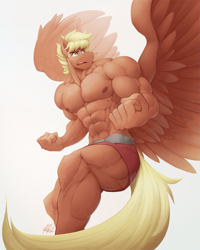 Size: 991x1237 | Tagged: safe, artist:ponyanony, oc, oc only, oc:flex, pegasus, anthro, unguligrade anthro, abs, clothes, male, muscles, nipples, nudity, partial nudity, pecs, topless