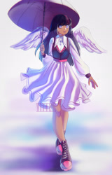 Size: 2225x3472 | Tagged: safe, artist:helenvitter, twilight sparkle, human, g4, clothes, converse, dark skin, dress, female, high res, humanized, shoes, solo, umbrella, winged humanization, wings