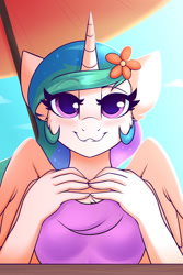 Size: 1000x1500 | Tagged: safe, artist:shadowreindeer, princess celestia, alicorn, anthro, :3, beach, blushing, clothes, cute, cutelestia, female, flower, flower in hair, looking at you, mare, solo, umbrella