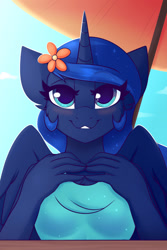 Size: 1000x1500 | Tagged: safe, alternate version, artist:shadowreindeer, princess luna, alicorn, anthro, g4, beach, blushing, clothes, cute, female, flower, flower in hair, looking at you, mare, solo, umbrella