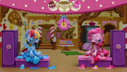 Size: 854x480 | Tagged: safe, screencap, pinkie pie, rainbow dash, earth pony, pegasus, pony, cake off, g4.5, my little pony: stop motion short, covered in cake, duo, eyes closed, laughing, stopwatch, sugarcube corner