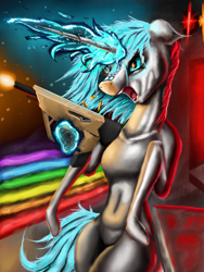 Size: 1536x2048 | Tagged: safe, artist:techwingidustries, oc, oc:brooklynn, pony, unicorn, blue eyes, dark, female, gun, rainbow, rainbow factory dash, red light, shooting, weapon