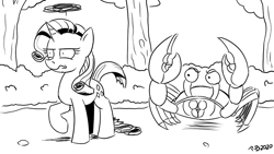 Size: 1200x675 | Tagged: safe, artist:pony-berserker, rarity, crab, giant crab, pony, pony-berserker's twitter sketches, g4, crab battle, imminent death, moments before disaster, monochrome, peace was never an option, rarity fighting a giant crab, reference to another series, this will end in death, this will not end well