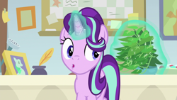 Size: 1920x1080 | Tagged: safe, screencap, phyllis, starlight glimmer, pony, unicorn, a horse shoe-in, g4, female, inkwell, magic, magic aura, mare, philodendron, potted plant, quill, solo, starlight's office, telekinesis