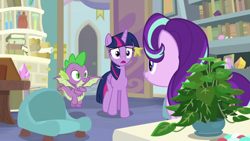 Size: 1920x1080 | Tagged: safe, screencap, phyllis, spike, starlight glimmer, twilight sparkle, alicorn, dragon, pony, unicorn, a horse shoe-in, g4, book, bookshelf, female, male, mare, philodendron, potted plant, scroll, starlight's office, twilight sparkle (alicorn), winged spike, wings