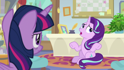 Size: 1920x1080 | Tagged: safe, screencap, phyllis, starlight glimmer, twilight sparkle, alicorn, pony, unicorn, a horse shoe-in, g4, female, inkwell, mare, philodendron, potted plant, quill, starlight's office, twilight sparkle (alicorn)