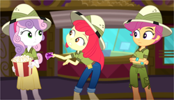 Size: 2648x1535 | Tagged: safe, screencap, apple bloom, scootaloo, sweetie belle, equestria girls, g4, my little pony equestria girls: summertime shorts, the canterlot movie club, boots, clothes, cutie mark crusaders, female, food, hat, jeans, looking at each other, looking at someone, pants, popcorn, shirt, shoes, shorts, skirt, theater, ticket