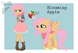 Size: 853x591 | Tagged: safe, artist:scarletdaymlp, oc, oc only, oc:blooming apple, pony, equestria girls, g4, base used, boots, clothes, cutie mark, dress, freckles, offspring, parent:big macintosh, parent:fluttershy, parents:fluttermac, scarf, shoes, solo